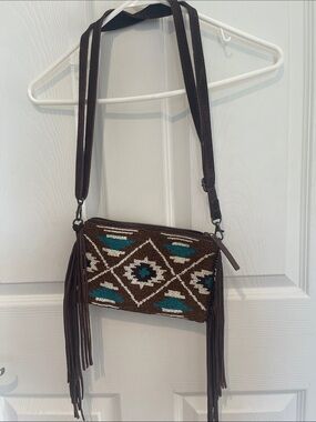 Idyllwind Brown and Turquoise Beaded Fringe Crossbody Bag